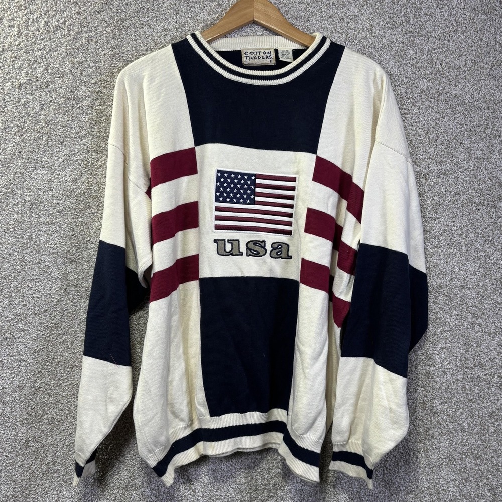 Vintage Cotton Traders Sweater Mens XL USA Flag Crewneck Knit 90s Hong‎ Kong